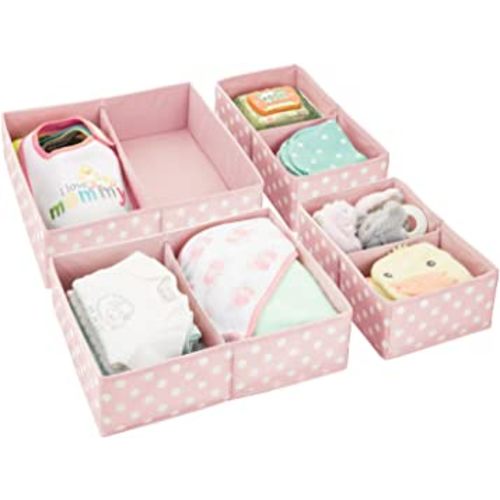 mDesign Fabric Drawer Organizer Bins, Kids/Baby Nursery Dresser, Closet, Shelf, Playroom Organization, Hold Clothes, Toys, Diapers, Bibs, Blankets, Set of 2, 2 Pack, Pink/White Polka Dot