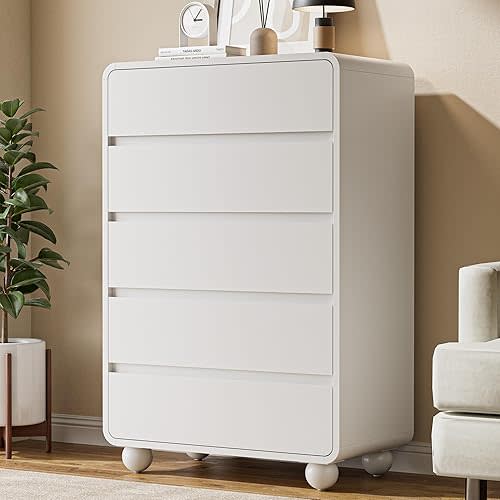 Lulive Wood Dresser for Bedroom, 41” Tall Chest of Drawers with 5 Drawers, Modern Closet Storage Drawer with Curved Profile Design for Living Room, Hallway, Entryway, White