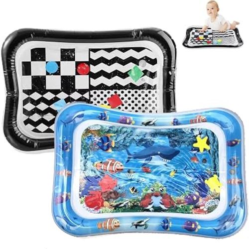 PandaEar 2-Pack Tummy Time Water Mat for Baby 3-36 Months - High Contrast Black & White + Ocean Sensory Play Mat - BPA-Free Leak-Proof Inflatable Infant Toys for Brain Development & Motor Skills