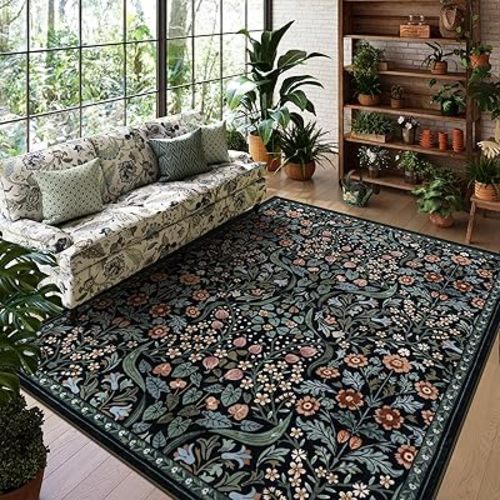 Lahome Floral 8x10 Black Rugs for Living Room, Soft Washable Large Area Rug for Bedroom Dining Room, Botanical Lightweight Stain-Resistant Boho Carpet for Guestroom Indoor