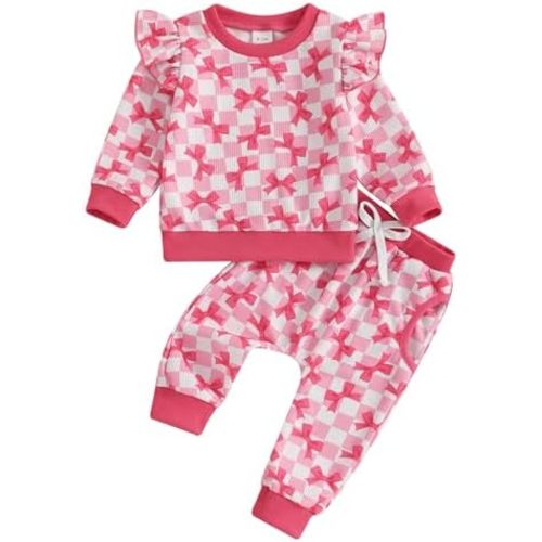 Toddler Baby Girl Fall Clothes Cute Bow Print Ruffle Long Sleeve Sweatshirt and Pants Set 2Pcs Waffle Knit Outfit