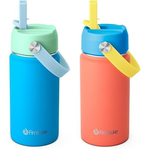 Fimibuke Kids Insulated Water Bottle, 14oz BPA FREE Double Wall Vacuum Tumbler 18/8 Stainless Steel Leak Proof Kids Cups with Straw Metal Water Bottle for School Boys Girls (2 Pack, Ocean Life)