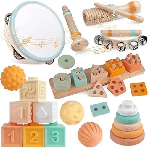 Musical Instruments Wooden for Kids 1-5 Year, Percussion Instruments Music Toy Set with Tambourine, Handbells, Clarinet, Sounder for Toddlers, Montessori Educational Toys for Baby (Natural Color)