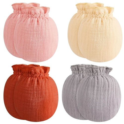 Jecery 4 Pairs Muslin Baby Mittens Newborn No Scratch Cotton Mitts Baby Gloves with Elastic Strap for 0-12 Months Baby Boys Girls