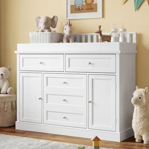 46“ Baby Dresser with Changing Table Top, White Dresser with Storage Drawers and Doors for Nursery, Multifunctional Nursery Baby Changing Table Dressers, Diaper Station Cabinet for Kids Room