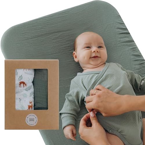 Muslin Changing Pad Cover 2-Pack - Soft Baby Diaper Changing Pad Covers - Woodland and Sage Green Changing Table Pad Cover for Baby Boy and Girl - Fitted and Stretchy to Fit Most Pads