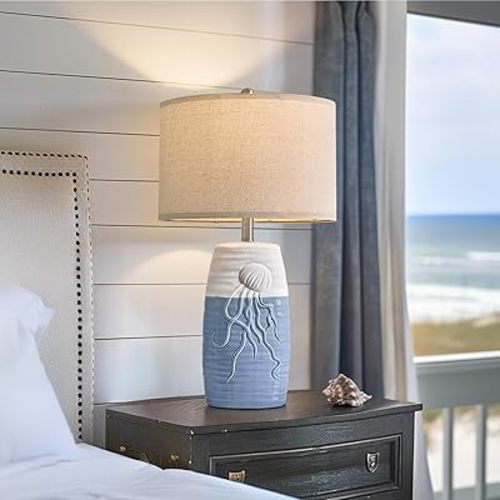 PORTRES 26.5" Ceramic Table Lamps for Bedroom Living Room Ocean Lamp Bedside Nightstand Lamp Large Modern Farmhouse Rustic Boho Vintage Table Lamp Light Home Office Desk Deco Gifts, Blue