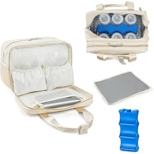 GEMIU Breastmilk Cooler Bag with Ice Pack,Fits 6 Baby Bottles Up to 9 Ounce Breast Milk Cooler Travel Bag Compatible with Wearable Breast Pumps & Accessories for Nursing Mom Daycare Cream