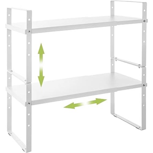Expandable Cabinet Shelf Organizer Rack, Stackable Kitchen Counter Storage Shelves Stand, Adjustable Height Pantry Shelf Spice Rack (White, 2 Pack)