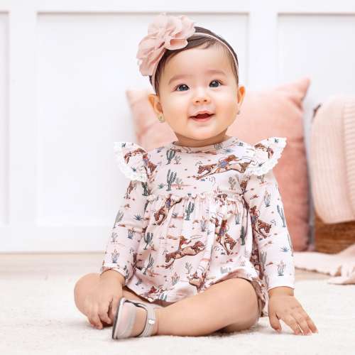 Baby Girl Western Skirted Bodysuit – Bamboo Cotton Blend with Cowgirl Print, Long Sleeve Outfit with Lace Ruffle Shoulders, Pink & Brown