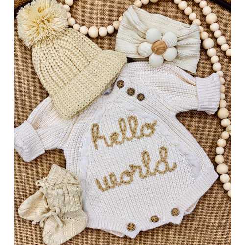 Gender Neutral Baby Coming Home Outfit, Going Home Neutral Newborn, Embroidered Sweater Bodysuit, Hello World Bubble Romper Hat Bow Booties