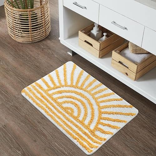 Uphome Boho Bathroom Rugs Yellow and White Sun Bath Mat Non Slip Water Absorbent Microfiber Bath Rug Modern Minimalism Aesthetic Machine Washable Floor Mats for Bathtub Sink Shower, 18x26 inch
