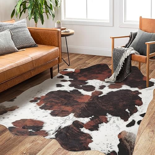 Faux Cowhide Print Rug 4.6x5.2ft - Brown Cow Hide Non-Slip Area Rug for Western Living Room, Bedroom, Office