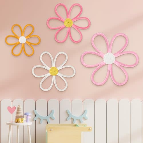 Ganeen Boho Nursery Woven Daisy Flowers Daisy Wall Decor Nursery Decor Macrame Wall Hanging Supply for Girl Bohemian Art Home Bedroom Room Flowers Set of 4(6 Petals)
