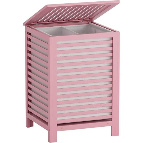 SMIBUY Double Laundry Hamper with Lid, 120L Bamboo Laundry Basket with Removable Liner Bag, 2-Section Clothes Divider Laundry Sorter for Laundry Room, Bathroom, Bedroom (Pink)