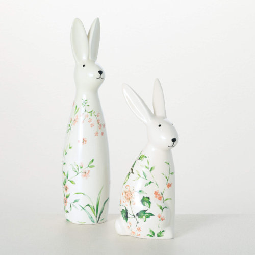 Clover Lane 12" & 9" Floral Bunny Figurine Set of 2, Ceramic | Wayfair