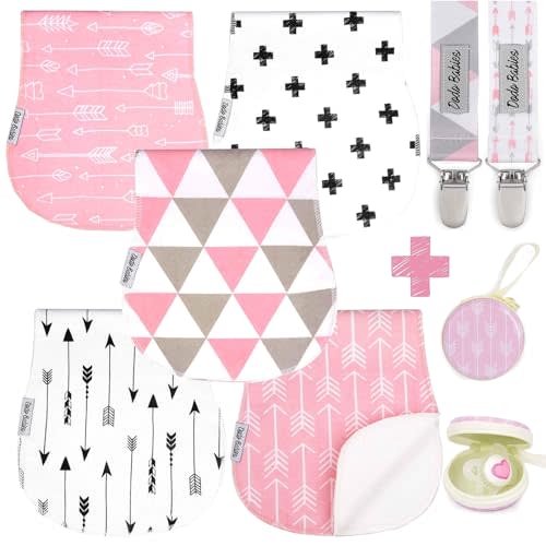 Dodo Babies Burp Cloths for Babies - Soft Cotton Front & Fleece Back - Contoured Fit for Newborn Essentials - Pack of 5, 2 Pacifier Clips, Pacifier Case, 19 x 9 in