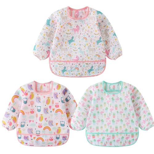 3 Pcs Waterproof Long Sleeves Baby Bibs Weaning Smock Bib 3-24 Months