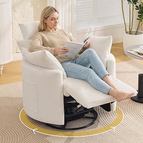 Manual Recliner Chairs, 360° Swivel Nursery Rocking Chair with Side Pocket, 30° Rocking Glider Chairs with 2 Pillows, Barrel Curved Living Room Chairs for Adults Small Spaces, Chenille White