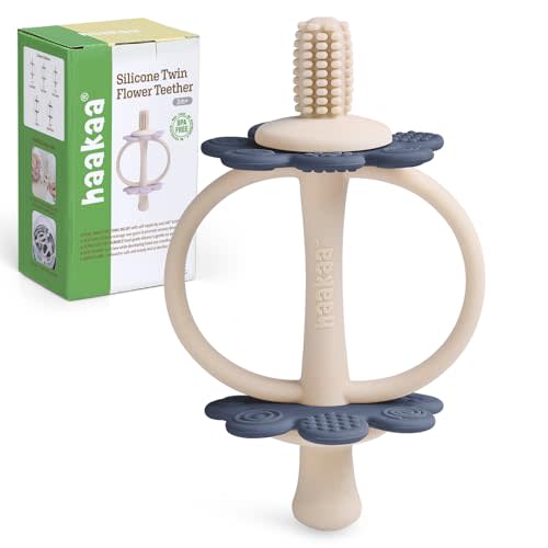 haakaa Silicone Teething Toy,Nipple-Shaped End for Gum Massage,360° Baby Toothbrush Head for Self-Brushing Training,Easy to Grip-Steel Blue