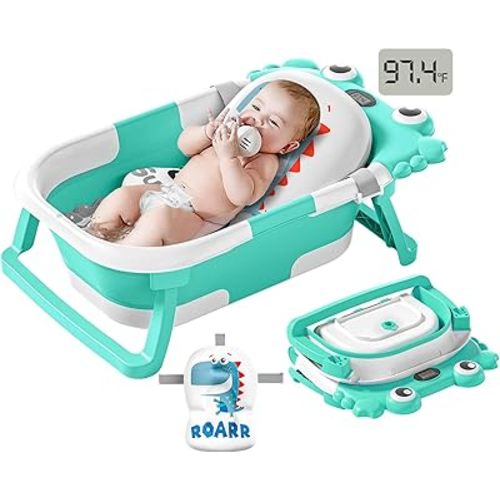 Collapsible Baby Bathtub for Newborns to Toddler with Real-time Temp Monitor & Floating Cushion,Portable Travel Tub for 0-36 Month, Foldable Baby Bath Tub for Infants (Aqua)