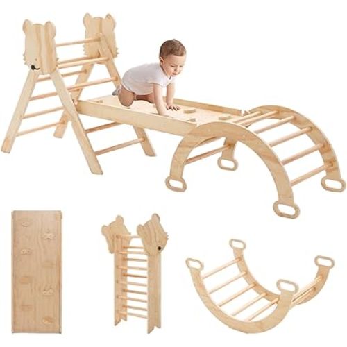 Big Size Pikler Triangle Set for Toddlers 7in1 Foldable Climbing Toys Playground and Climbing Toys for Kids Wooden Montessori Climbing Set with Arch&Ramp&Ladder Baby Climbing Gym Toys