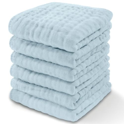 Comfy Cubs Muslin Baby Washcloths 6 Pack - Soft 6-Layer Cotton Wash Cloths for Sensitive Skin - 10"x10" Large, Gentle, Absorbent Infant Essentials for Newborn and Toddlers - (Sky Blue)
