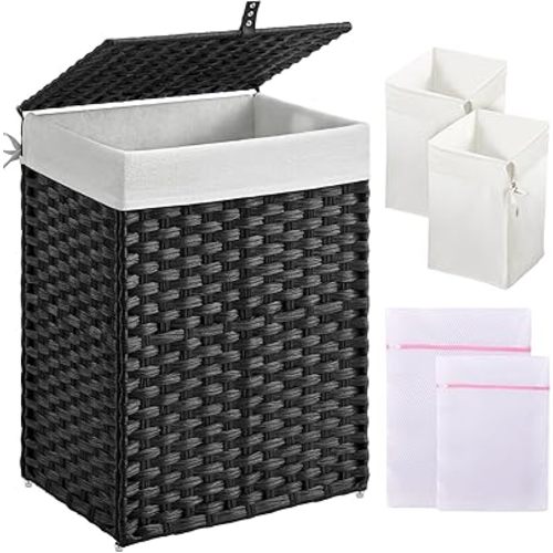 Greenstell Laundry Hamper with Lid, 90L Clothes Hamper with 2 Removable Liner Bags & 2 Mesh Laundry Bags, Handwoven Synthetic Rattan Laundry Basket for Clothes, Toys in Bathroom, Bedroom Black