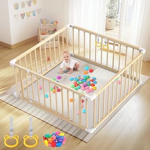 Baby Wooden Playpen for Toddler and Babies - 43 x 43 x 24 Inch Easy to Assemble Baby Playpen with 2 Handles & 30 Ocean Ball - Babies Safety Activity Centre Play Yard with Door for Indoor & Outdoor