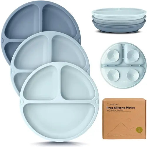 KeaBabies Suction Plates for Baby, Toddler - 3-Pack 100% Silicone Toddler Plates with Suction, Divided, BPA-Free Baby Led Weaning Essentials for Kids, Dishwasher, Microwave Safe, Durable (Alps)