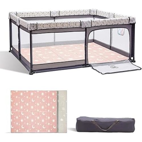 Baby Playpen with a Mat, 50"x50" Large Playpen for Babies and Toddlers, Small Baby Play Pens, Indoor & Outdoor Kids Activity Center, Baby Play Yard for Toddler with Gate (Squirrel with Mat 50 * 50)