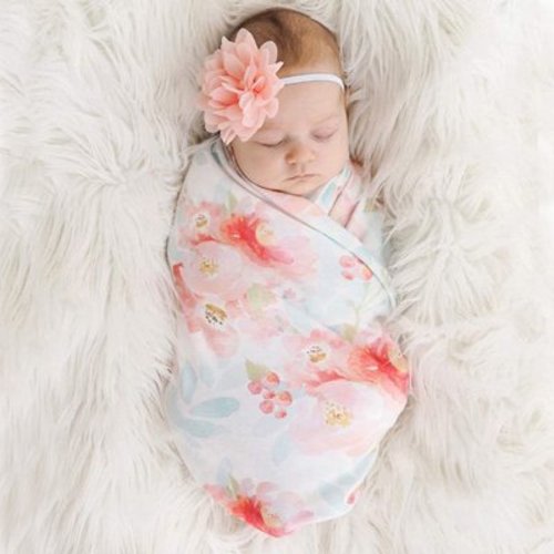 EIMELI 2 PCS Swaddle Blanket,Baby Girl Gifts, Baby Receiving Blankets and Headbands Set for Newborn Infant Baby Shower Wrap With Pink Rose