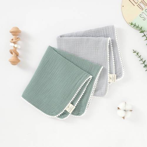 2 Pack Organic Cotton Muslin Blankets | Luxury Comforter & Security Blanket for Babies and Toddlers | Pom Pom Design | 40x40CM | Tiny Alpaca