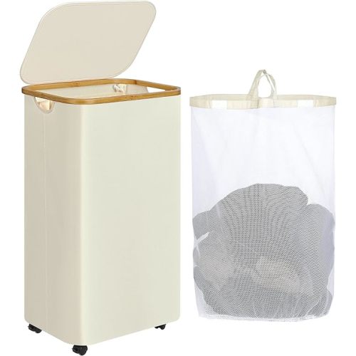 Laundry Basket with Wheels, 75L Beige Clothes Hamper for Laundry, Laundry Hamper with Lid and Inner Bag, for Laundry Room, Bedroom, Dormitory Storage,Beige