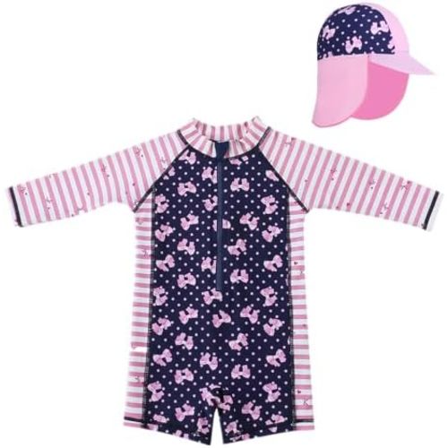Baby Girl Beach Swimwear Long Sleeve Rashguard UPF 50+ -Sun Protective Sunsuit with Hat - 12-18 months