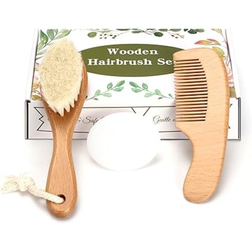 Baby Hair Care Kit, Wooden Natural Goat Bristles Brush Cradle Cap Comb + White Baby Shower Scrubber Set for Newborn Toddler Boys Girls Baby Grooming Kit