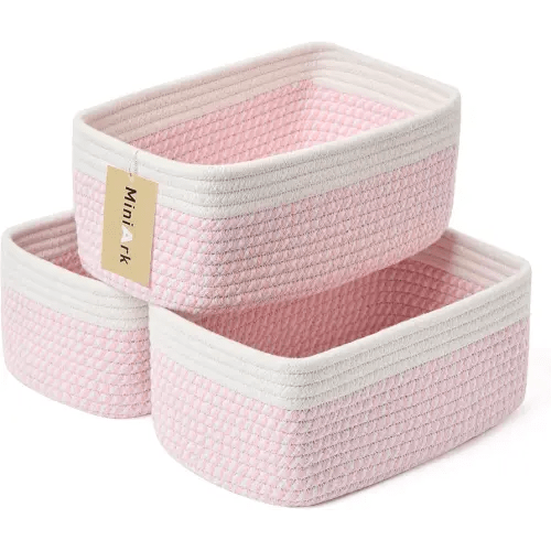 Small Storage Baskets for Organizing | Closet Organizer Bins | Shelf Toy Basket | Woven Rope Baskets | Cube Decorative Box | Shallow Basket | 11.5x7.5x4.7” | 3 Packs White Pink