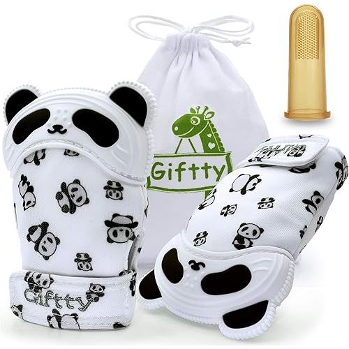 Giftty Baby Teething Mitten Panda Teether Mitt Chewing Glove Infant Toy Teething Glove Baby Chew Mitt with Finger Toothbrush BPA-Free for Baby Boys Girls - 1 Pair + 1 Toothbrush
