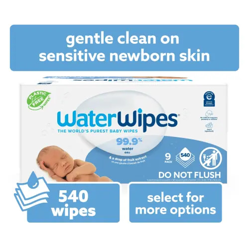 WaterWipes Original 99.9% Water Based Baby Wipes, Unscented, 9 Resealable Packs (540 Wipes)