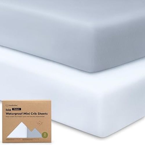 2-Pack Waterproof Pack and Play Sheets,Mini Crib Sheets Fitted for Boy,Girl-Viscose From Bamboo Pack N Play Sheets for Graco Pack and Play Mattress,Toddler Playard Baby Crib Sheets Neutral (Blue Flax)