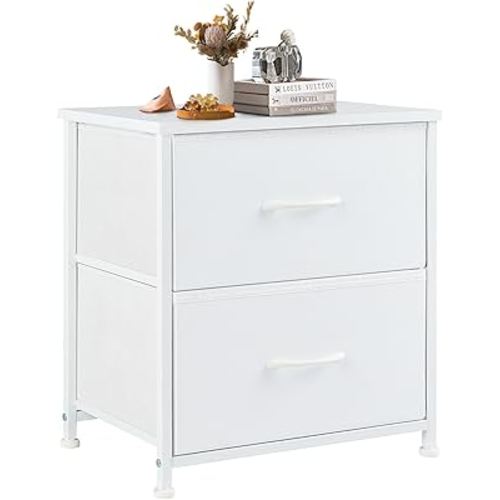 DUMOS Nightstand Small Dresser with 2 Fabric Drawers Side Bedroom End Table Kids Bedside Storage Furniture for 20 inch Tall Night Stand for Closet, Entryway, College Dorm, Medium, White