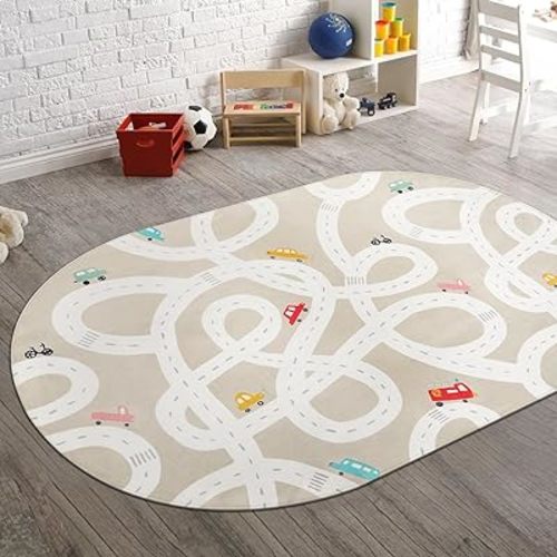STARUIA Large Kids Rug for Playroom, 4'x6' Washable Road Rug for Nursery, Non-Slip Car Rug for Boys Room, Tan Traffic Classroom Rug Soft Baby Play Mat for Dorm Toy Room Tent