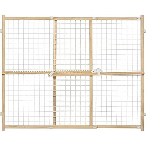 MidWest Homes for Pets Wire Mesh Pet Safety Gate, Pressure Mounted Dog Gate Measures 32 Inches Tall & Expands to 29-50 Inches Wide, Natural Wood & White Powder Coated Wire Mesh