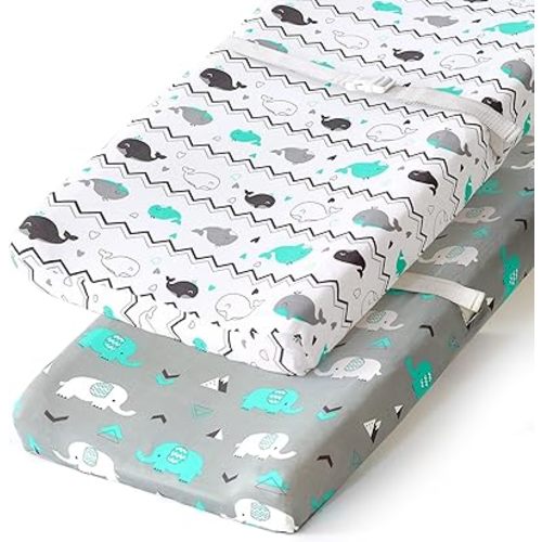 Stretchy Changing Pad Covers for Boys Girls,2 Pack Jersey Knit,Elephant & Whale