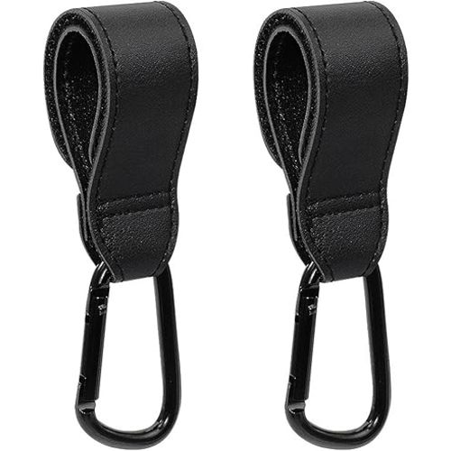 Baby Stroller Hooks, 2 PCS Leather Heavy Duty Mommy Hook with Adjustable Strap for Hanging Diaper Bag, Stroller Organizer, Groceries on Buggy Pushchair (Black)