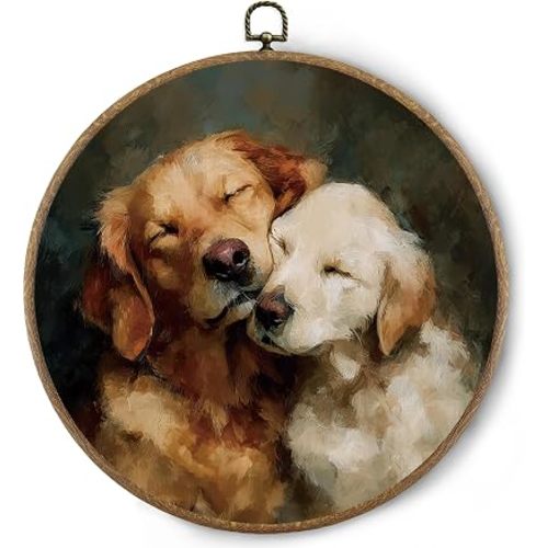 BitKAM Vintage Golden Retriever Dog Round Wall Art Decor, Farmhouse Dog Lovers Gifts Canvas Prints Framed, Rustic Dogs Wall Hanging Decorations for Home Bedroom Nursery, 10x10 Inch