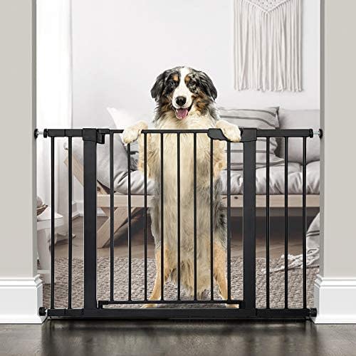 Cumbor 46”Auto Close Safety Baby Gate, Extra Tall and Wide Child Gate, Easy Walk Thru Durability Dog Gate for The House, Stairs, Doorways. Includes 4 Wall Cups, 2.75-Inch and 8.25-Inch Extension