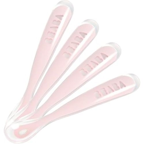 BEABA Baby's First Foods Spoon Set, Original Silicone Baby Spoons, 4 Pack, BPA Lead & Phthalate Free, Pink