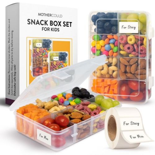 Mothercould Snack Box Set for Kids - 8 Compartments, Reusable Snack Solution with 100 Dissolvable Labels | Easy to Clean (2 Pack) - Clear