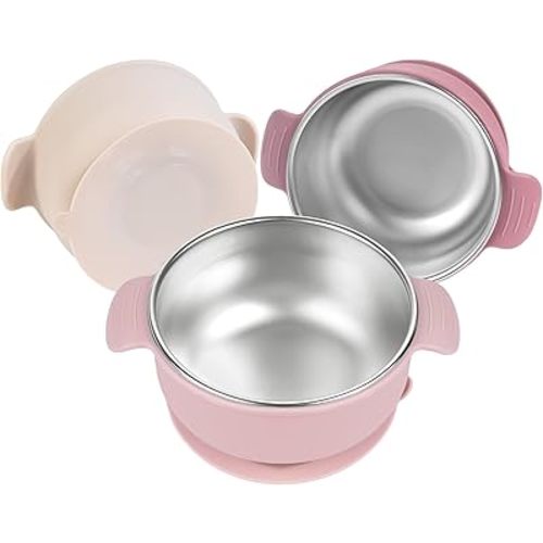 Stainless Steel and Silicone with Suction Baby Bowls 3 Packs 4.3” Kids Feeding,Non-Toxic&Lead-Free&Mess Free Toddler Bowl Set,Dishwasher Safe&Extra Strong Base&Fit Highchar Size,light pink beige pink
